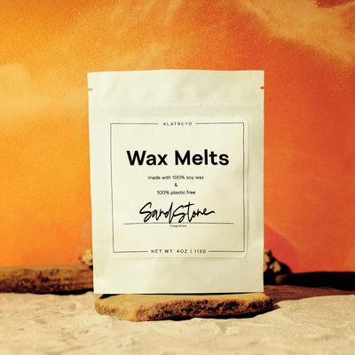 Sandstone wax melts in 100% plastic-free packaging. Notes of Almond, Tonka Bean, Amber.