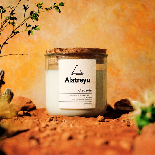 Creosote candle in 100% recycled glass jar. Notes of Creosote Bush, Orange Peel, Leather.