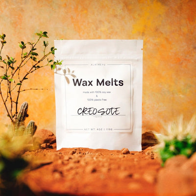 Creosote wax melts in 100% plastic-free packaging. Notes of Creosote Bush, Orange Peel, Leather.