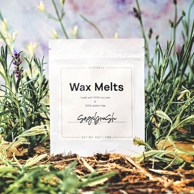 Sagebrush wax melts in 100% plastic-free packaging. Notes of Desert Lavender, Sage, Vetiver.